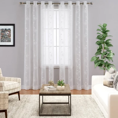 Trinity Semi Sheer Curtains 2 Panels Floral Embroidered Half Translucent Grommet Voile Drapes Farmhouse Window Treatments