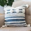 Blue And White Hand Woven 20 X 20 Inch Decorative Cotton Throw Pillow Cover With Insert And Hand Tied Braiding, Pom-Poms And Tassels - Foreside Home &