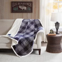 60"x70" Leeds Faux Mink To Berber Heated Throw Blanket Navy - Woolrich