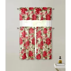 Kate Aurora Christmas Ribbon Complete Semi Sheer Kitchen Curtain Tier & Valance Set