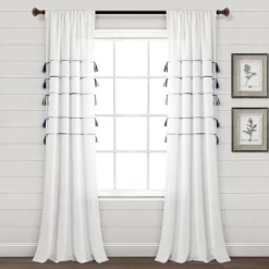 Home Boutique Farmhouse Boho Stripe Woven Tassel Yarn Dyed Cotton Window Curtain Panels Navy Ombre 42X84 Set