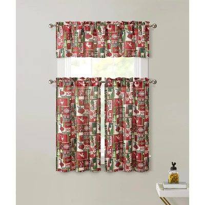 Kate Aurora Christmas Noel Complete Semi Sheer Kitchen Curtain Tier & Valance Set
