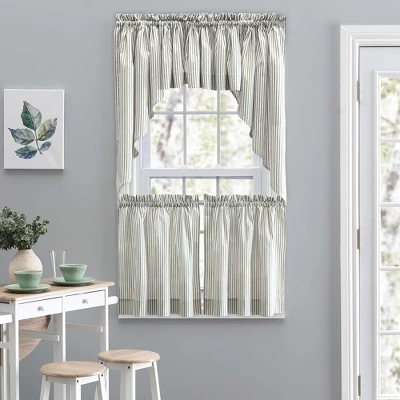 Ellis Curtain Plaza Classic Ticking Stripe Printed On Natural Ground 1.5" Rod Pocket Tailored Tiers Sage - Image 2