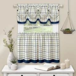 Kate Aurora Country Farmhouse Plaid 3 Pc Tattersall Cafe Kitchen Curtain Tier & Valance Set