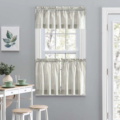 Ellis Curtain Plaza Classic Ticking Stripe Printed On 1.5" Rod Pocket Natural Ground Tailored Valance 58" X 15" Sage - Image 2
