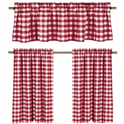 GoodGram Candy Apple Red & White Country Checkered Plaid Kitchen Tier Curtain Valance Set - 58 In. W X 36 In. L