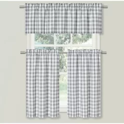 Kate Aurora Country Farmhouse Plaid Checkered Gingham 3 Pc Kitchen Curtain Tier & Valance Set