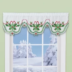 Collections Etc Beautiful Embroidered Holly Cutwork Window Valance