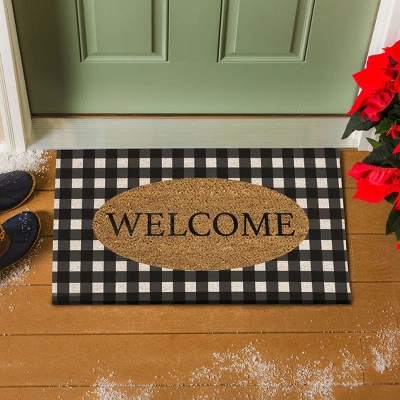 Evergreen Buffalo Check Welcome Indoor Outdoor Natural Coir Doormat 1'4"x2'4" Black - Image 2