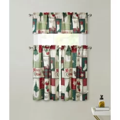 Kate Aurora Holiday Living Complete Classic Merry Christmas 3 Pc Kitchen Curtain Tier And Valance Set - 56 In. W X 36 In. L