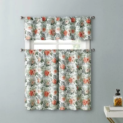 Kate Aurora English Floral Rose Garden Complete 3 Pc Café Kitchen Curtain Tier & Valance Set - 56 In. W X 36 In. L