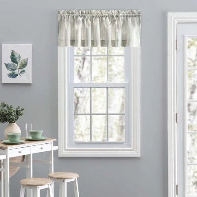 Ellis Curtain Plaza Classic Ticking Stripe Printed On 1.5" Rod Pocket Natural Ground Tailored Valance 58" X 15" Sage